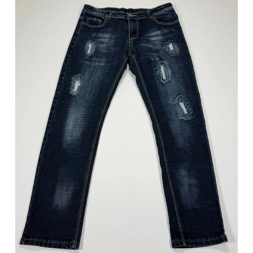 DISIHAO Jeans Mens 32x29 Dark Wash Distressed Straight Button Fly Grunge Denim